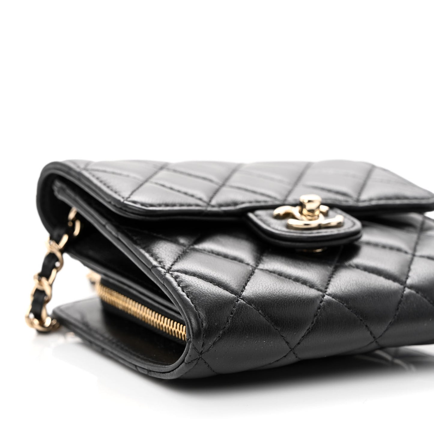 Lambskin Quilted Wallet With Chain Black