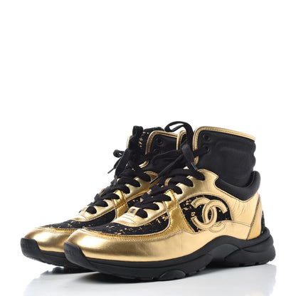 Chanel Velour Tweed CC High Top Sneakers 39 Black Gold 3 of 10