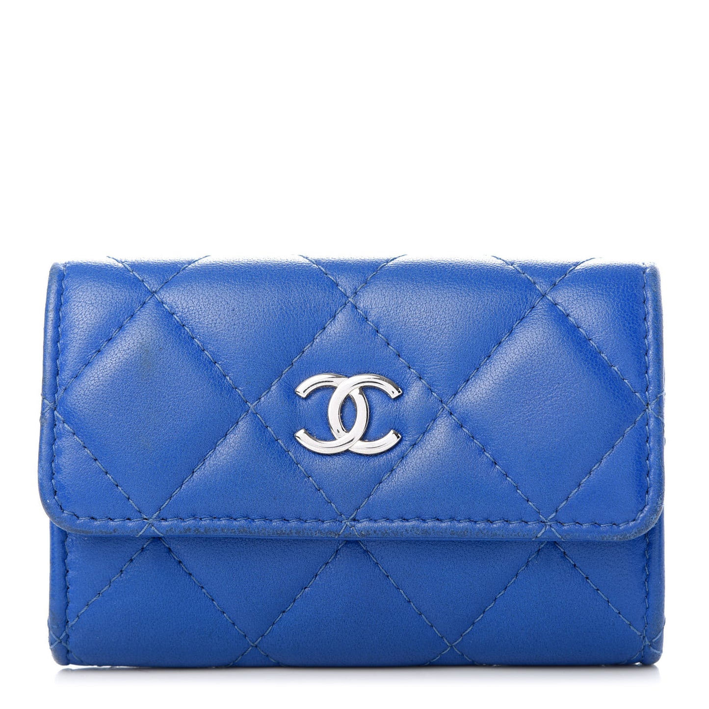 Lambskin Quilted Flap Card Holder Blue