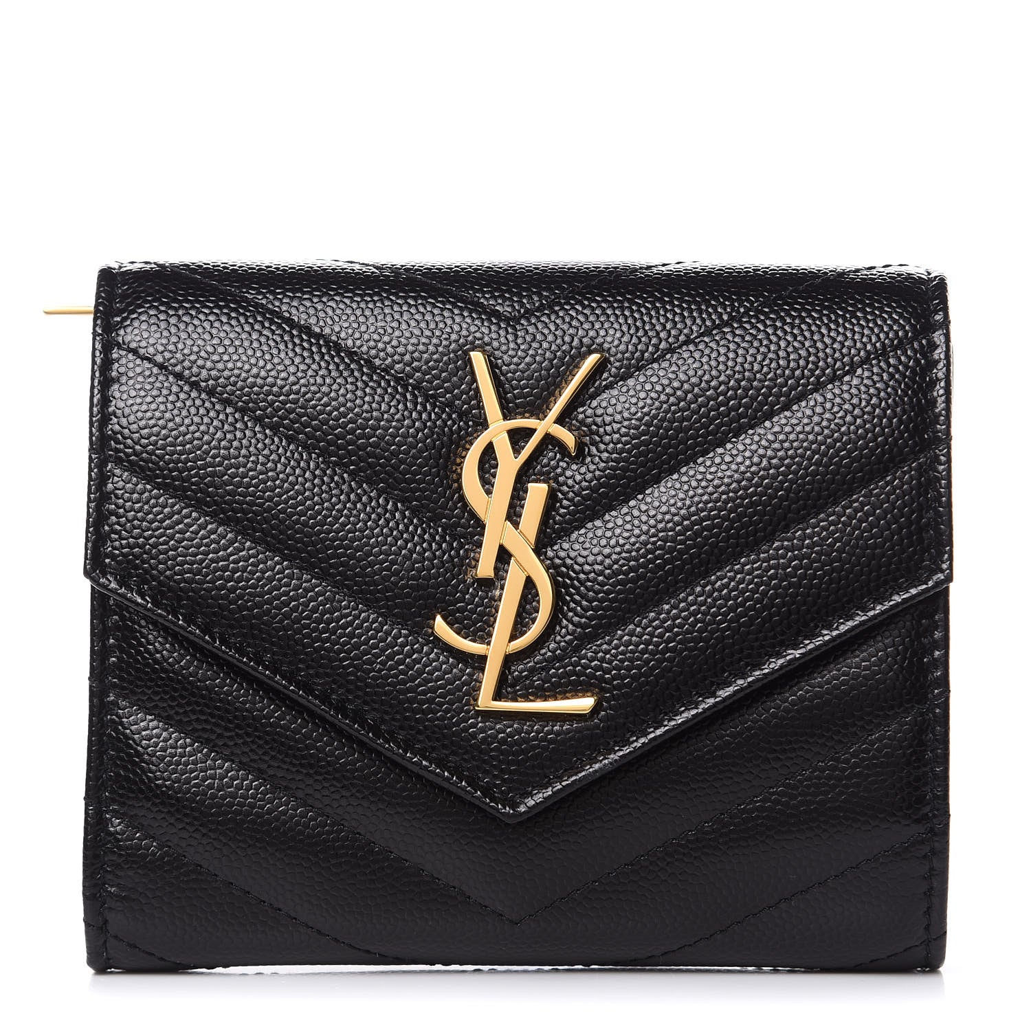 Saint Laurent Grain De Poudre Matelasse Chevron Monogram Compact Tri Fold Wallet Black 1 of 8