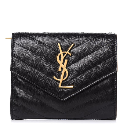 Saint Laurent Grain De Poudre Matelasse Chevron Monogram Compact Tri Fold Wallet Black 1 of 8
