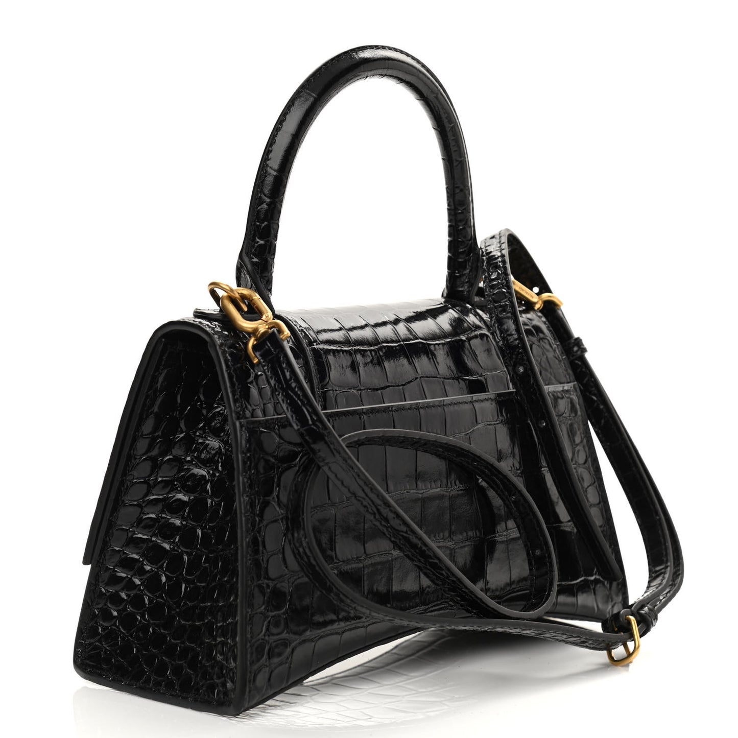 Shiny Calfskin Crocodile Embossed Small Hourglass Top Handle Bag Black