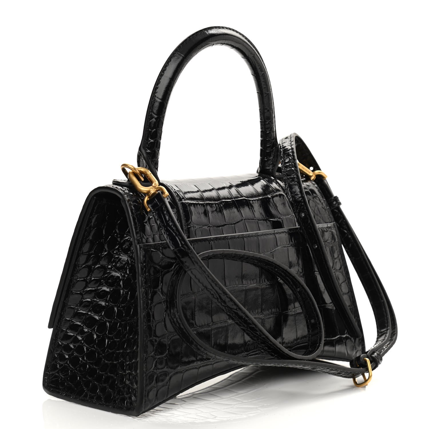 Balenciaga Shiny Calfskin Crocodile Embossed Small Hourglass Top Handle Bag Black 3 of 10