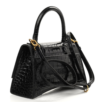 Balenciaga Shiny Calfskin Crocodile Embossed Small Hourglass Top Handle Bag Black 3 of 10
