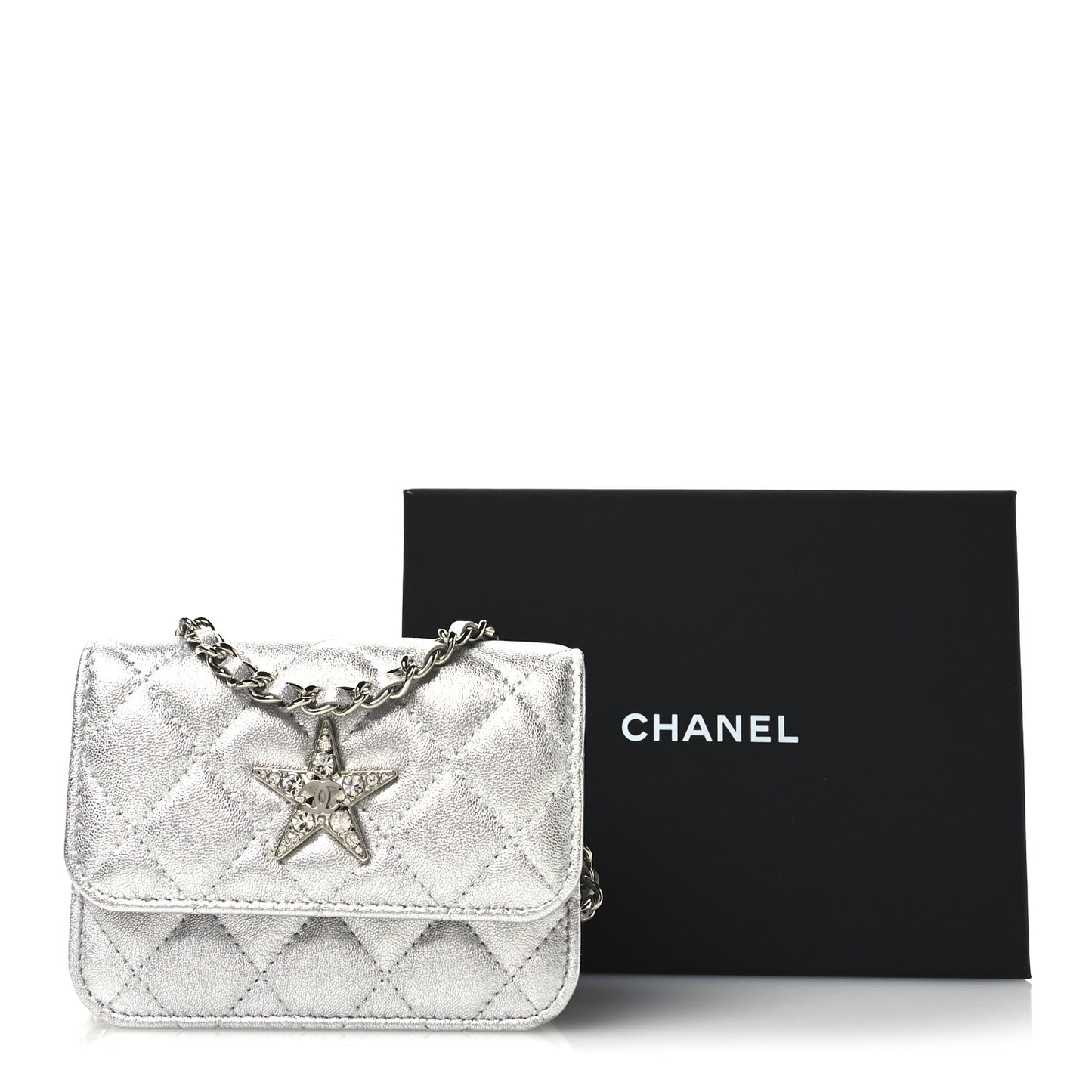 Metallic Goatskin Quilted Crystal CC Walk Of Fame Clutch With Chain Silver
