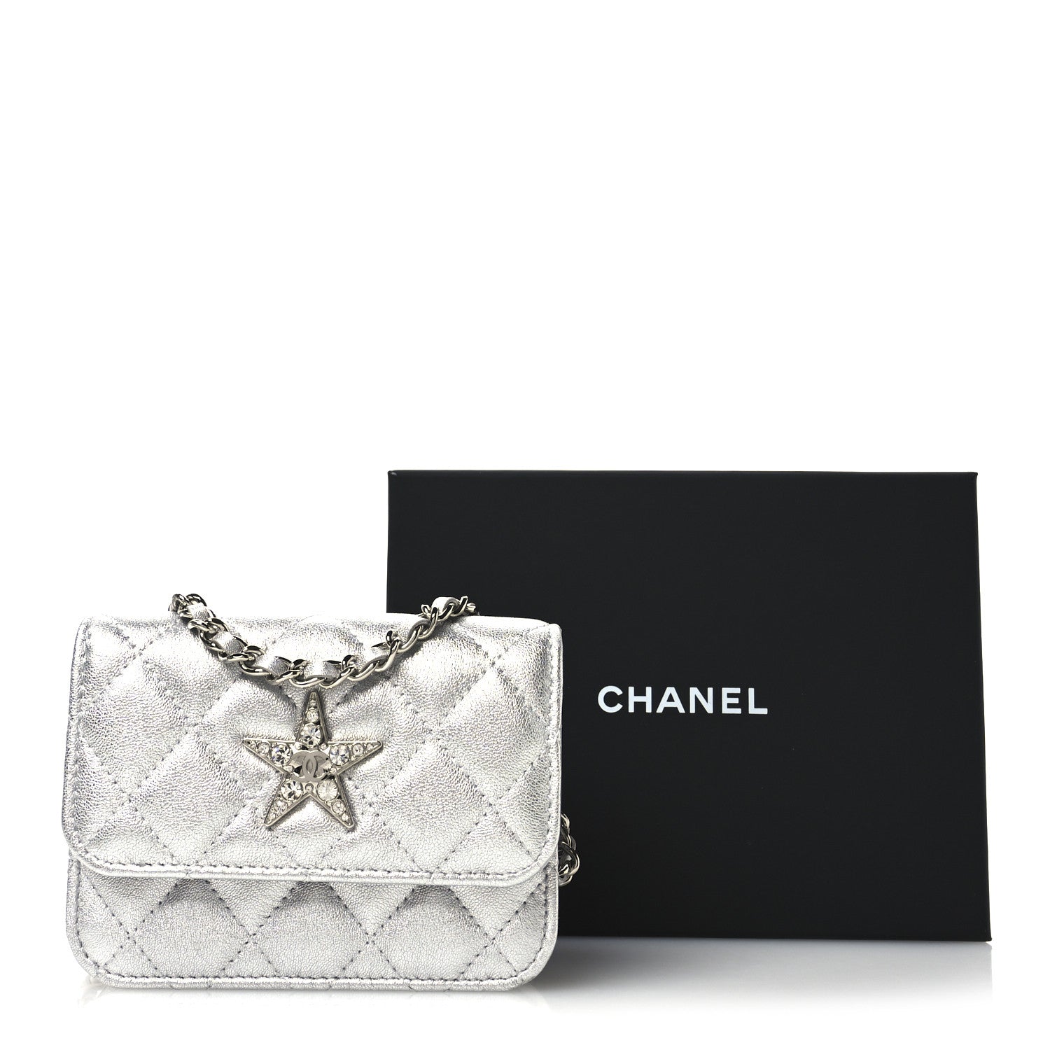Chanel Metallic Goatskin Quilted Crystal CC Walk Of Fame Clutch With Chain Silver 11 of 11