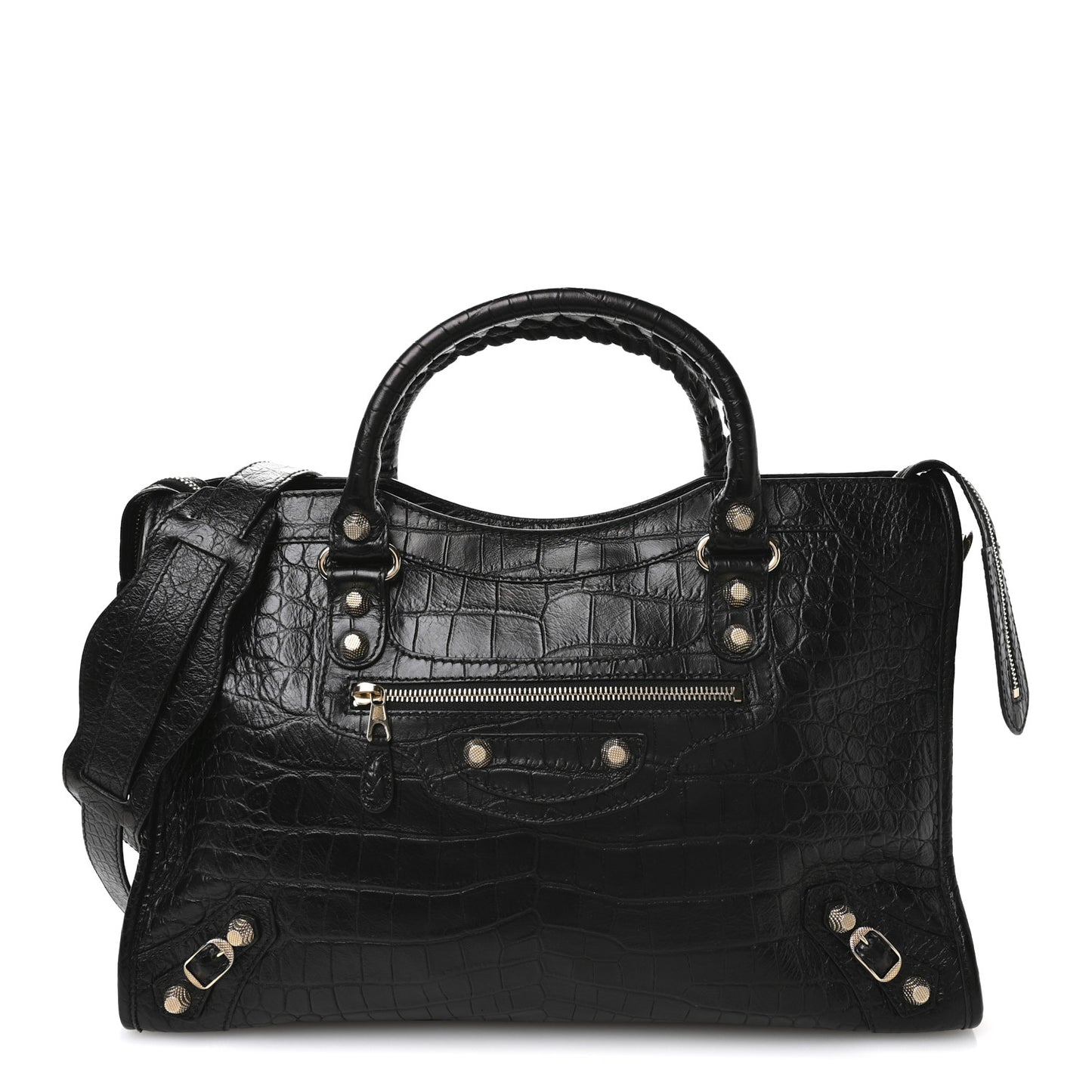 Calfskin Crocodile Embossed Giant 12 Gold Hardware City Black