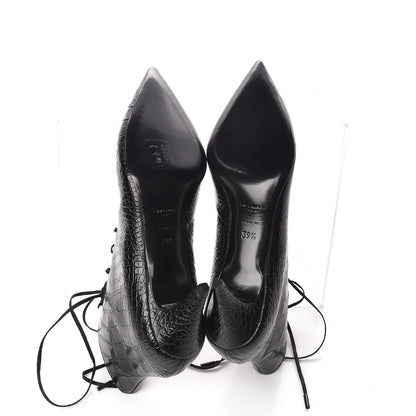 Saint Laurent Crocodile Calfskin Charlotte Laced Boots 39.5 Black 5 of 7