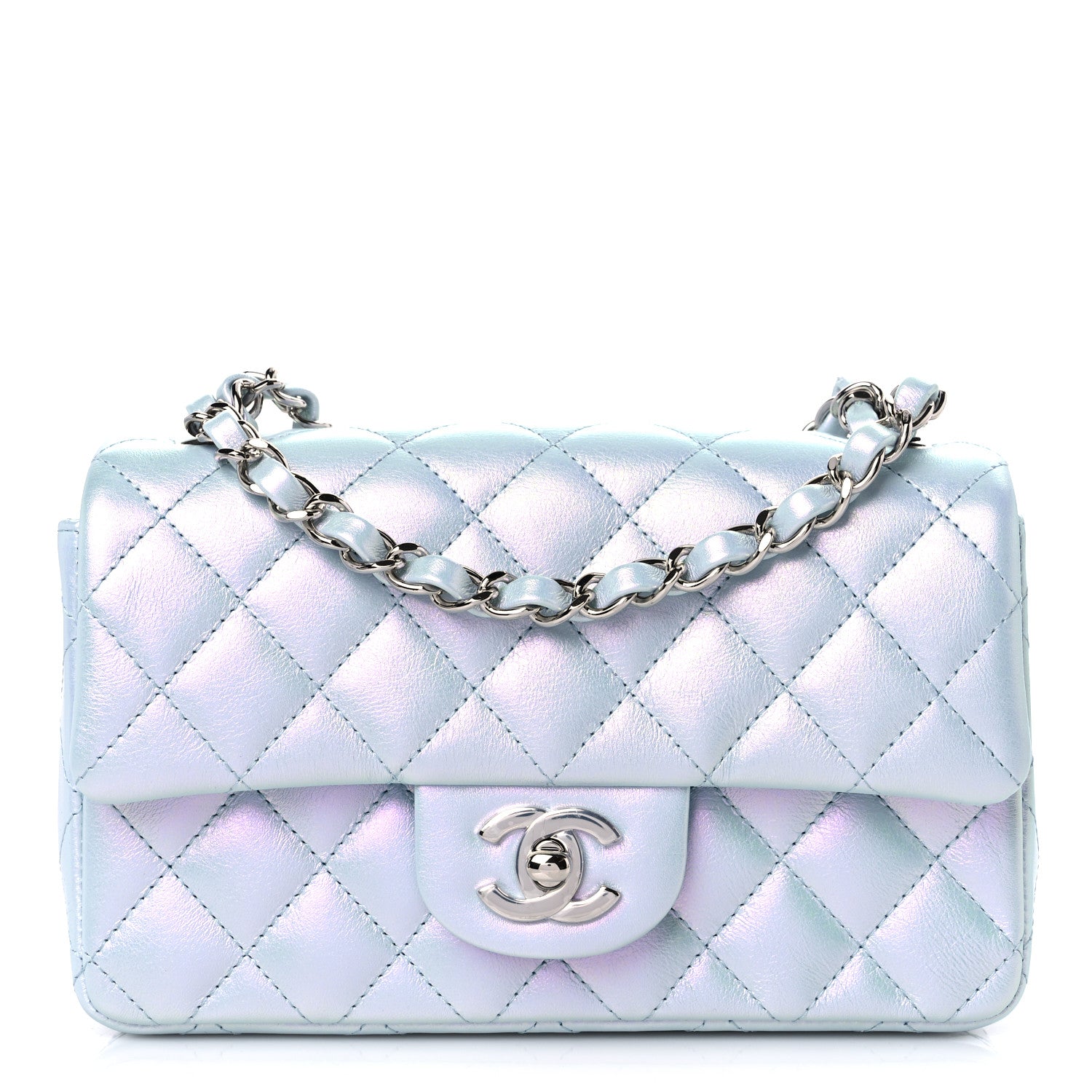 Chanel Iridescent Calfskin Quilted Mini Rectangular Flap Light Blue 1 of 10