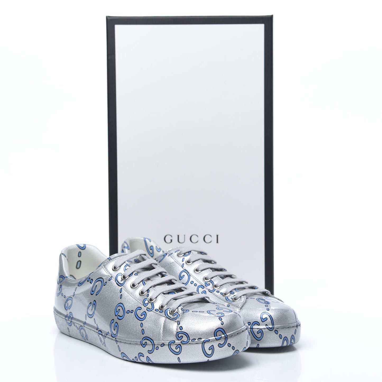 Miro Rubber Wax GucciGhost Print Mens New Ace Sneakers 8.5 Silver