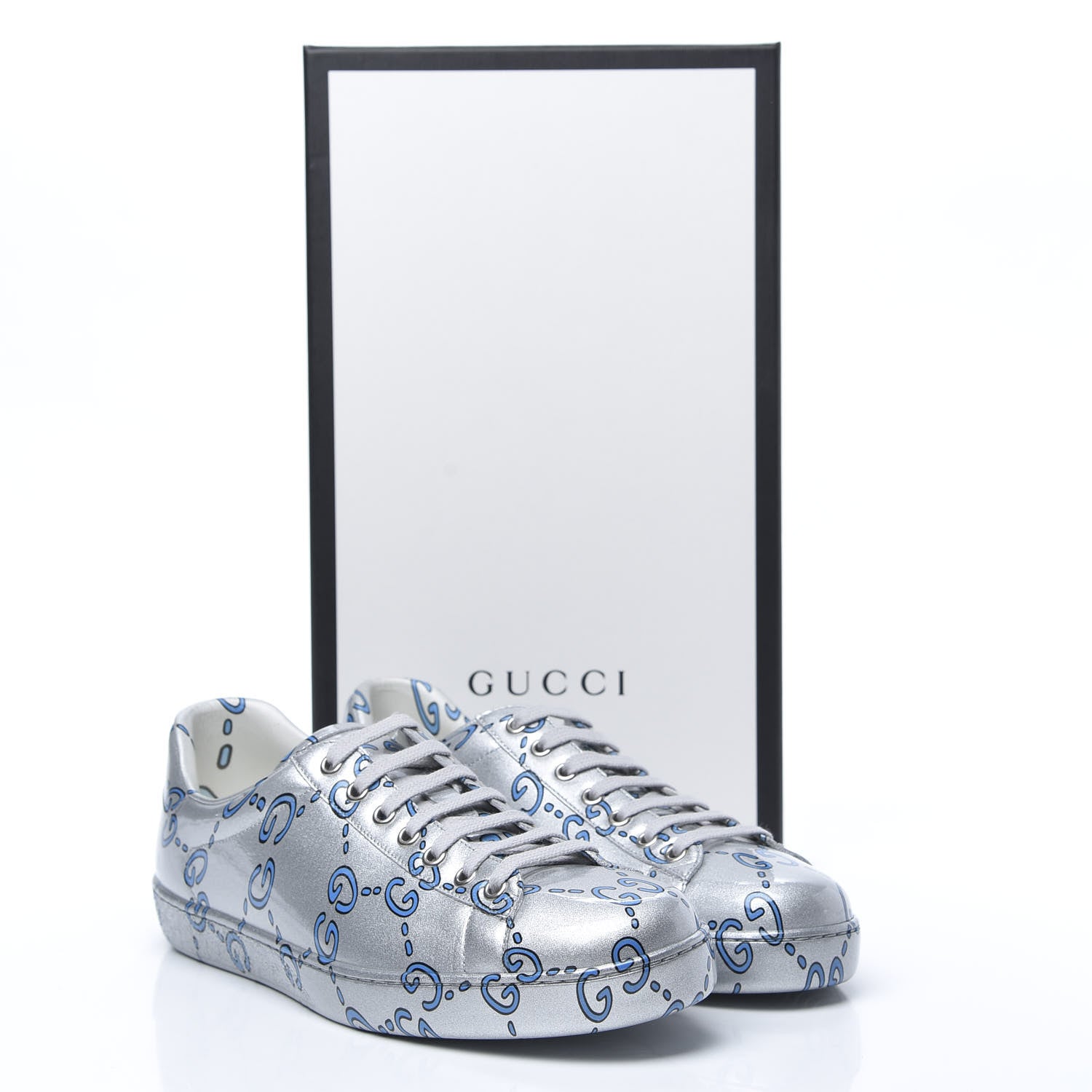 Gucci Miro Rubber Wax GucciGhost Print Mens New Ace Sneakers 8.5 Silver 9 of 9