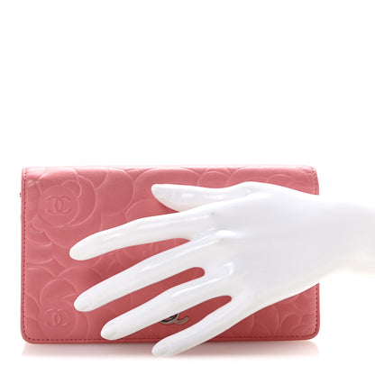 Chanel Lambskin Camellia Embossed Yen Wallet Pink 2 of 10