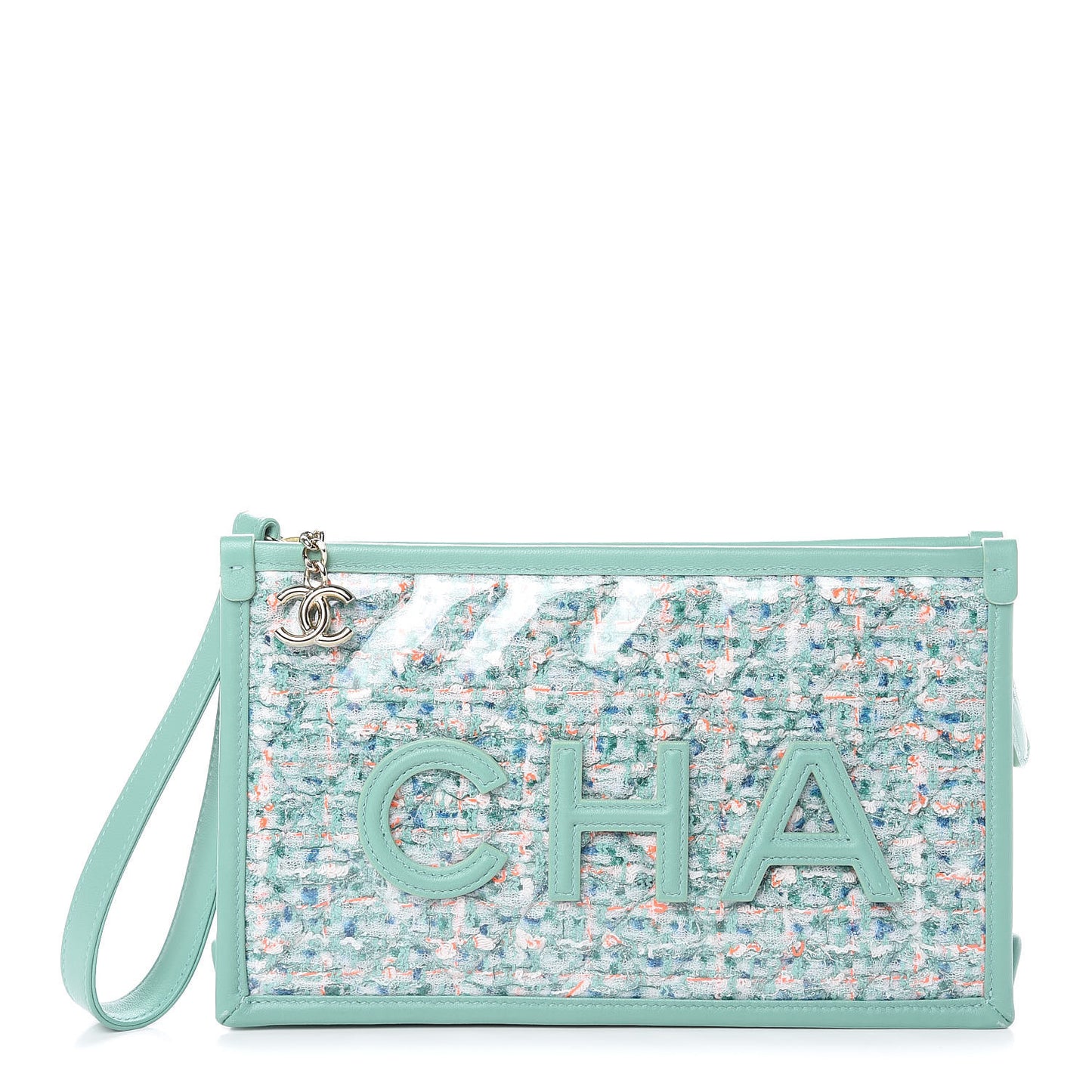 Tweed Lambskin PVC Quilted Wristlet Pouch Green