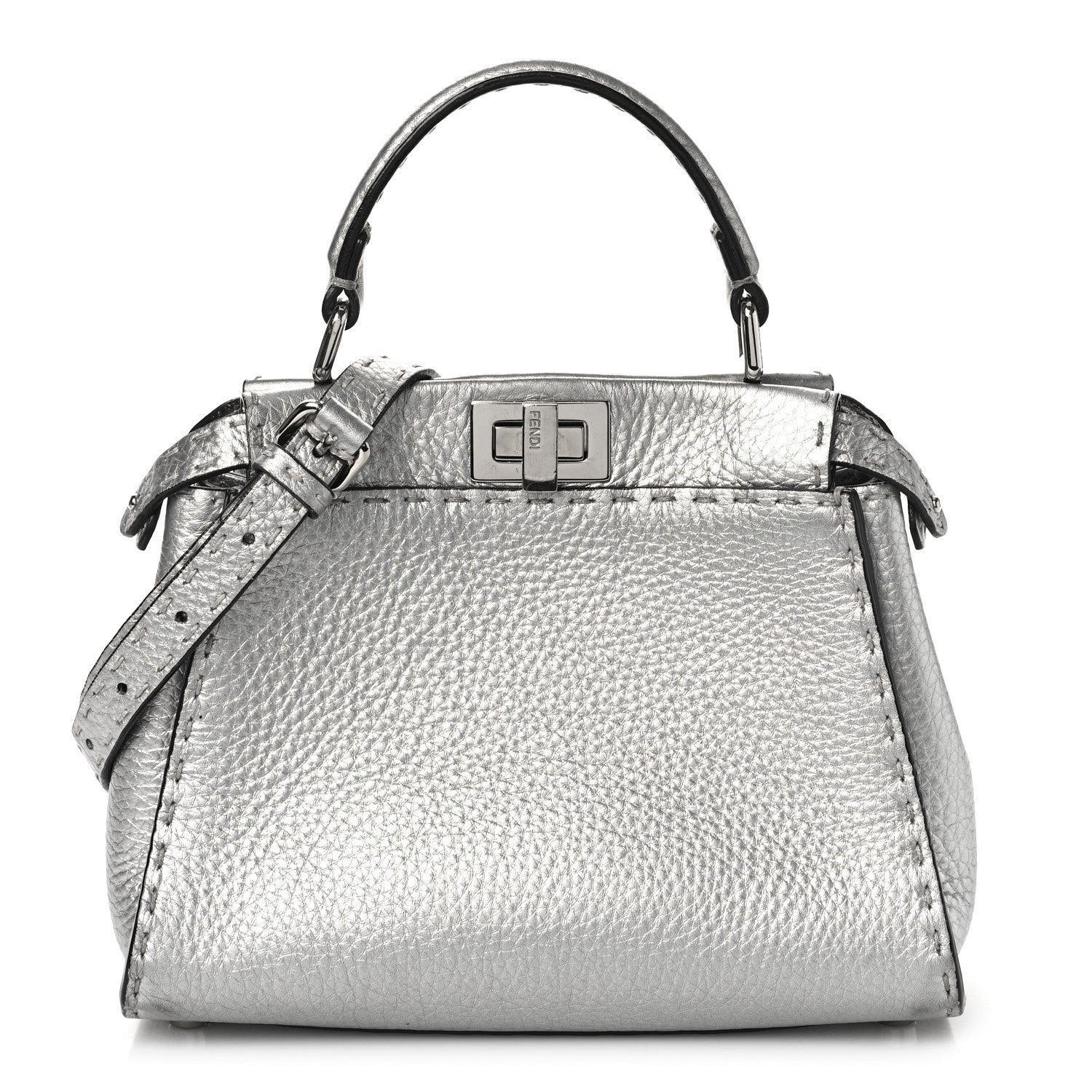 Fendi Cuoio Romano Lux Selleria Mini Peekaboo Iconic Satchel Argento 1 of 10