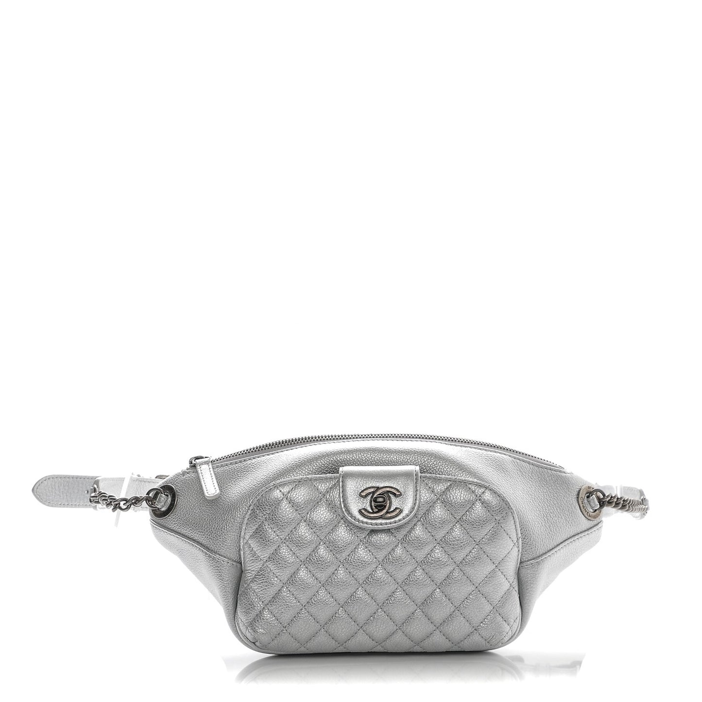 Metallic Grained Calfskin Quilted Casual Rock Waist Bag Fanny Pack Silver