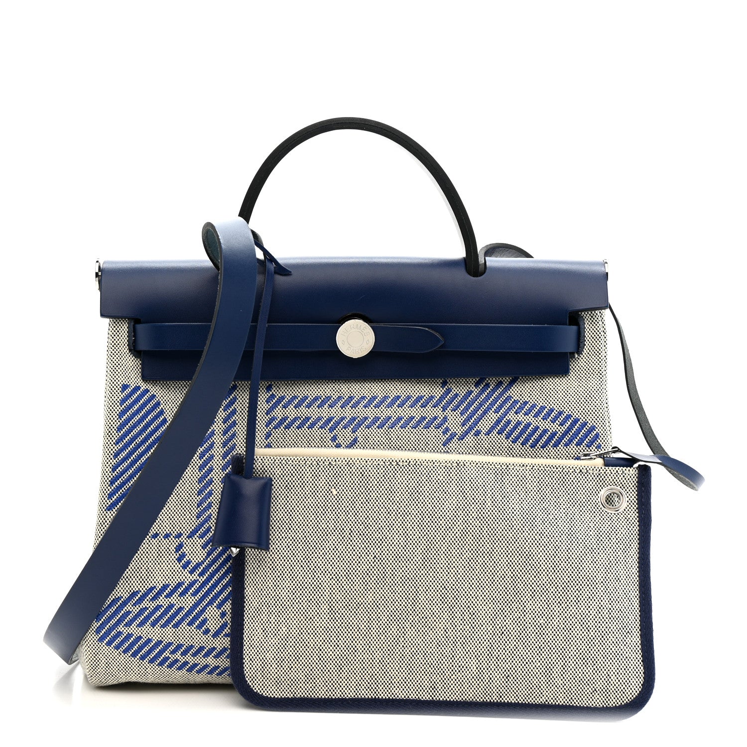 Hermes Vache Hunter Toile H Brides de Gala Herbag Zip Retourne 31 PM Bleu De France Ecru Black Bleu Saphir 4 of 21