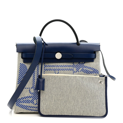 Hermes Vache Hunter Toile H Brides de Gala Herbag Zip Retourne 31 PM Bleu De France Ecru Black Bleu Saphir 4 of 21