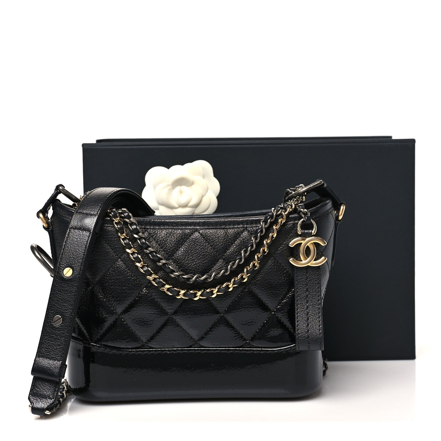 Chanel Patent Goatskin Quilted Small Gabrielle Hobo Black 1848287