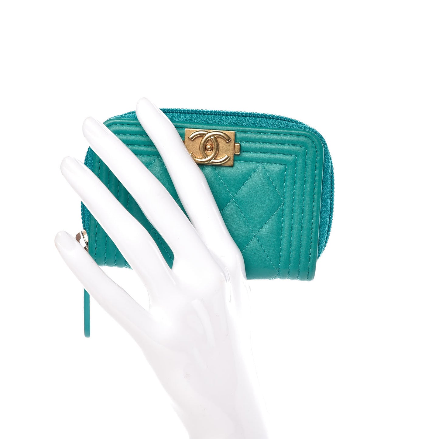 Calfskin Quilted Boy Zip Around Coin Purse Wallet Turquoise