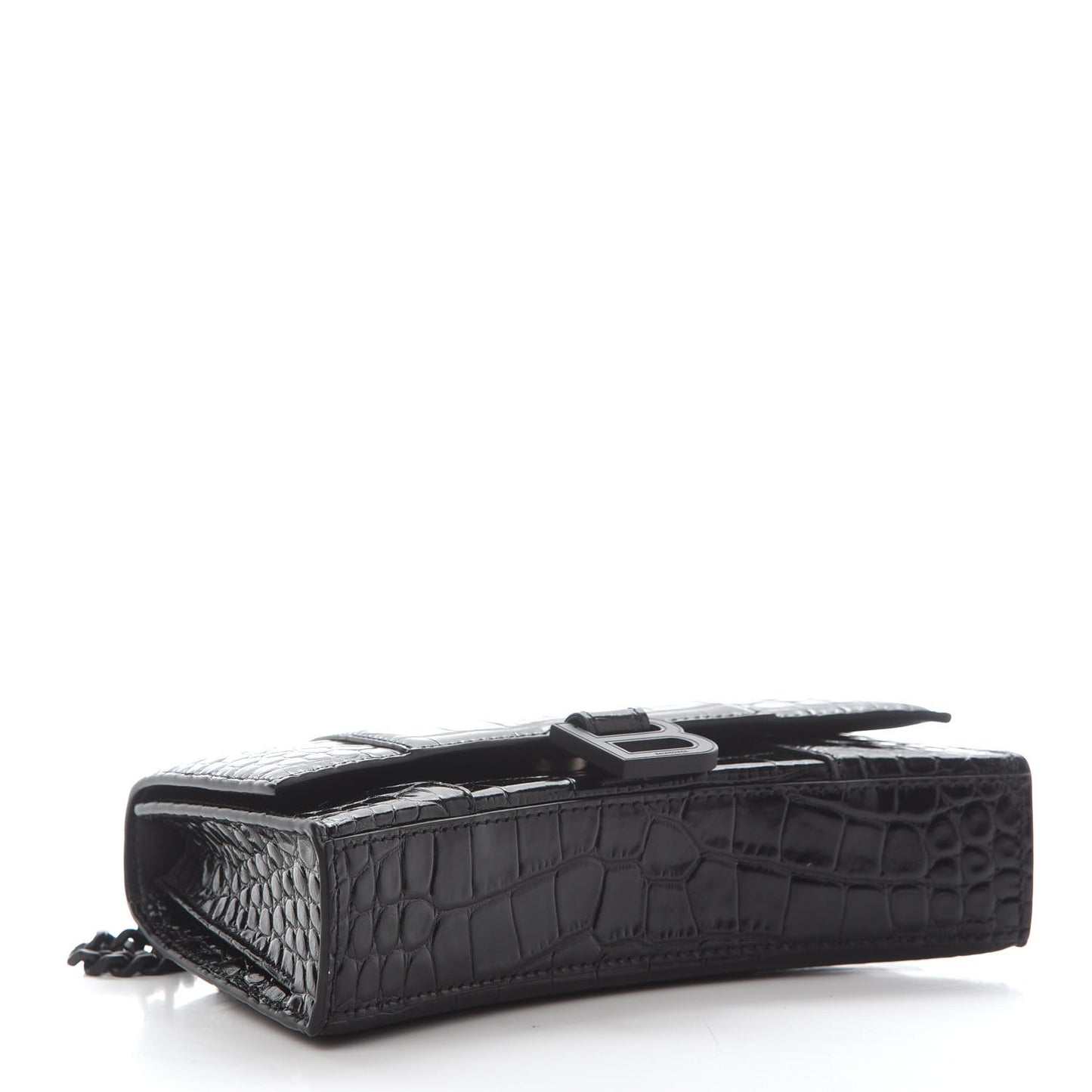 Shiny Calfskin Monochrome Crocodile Embossed Hourglass Chain Bag XS Black