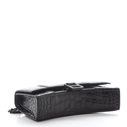 Balenciaga Shiny Calfskin Monochrome Crocodile Embossed Hourglass Chain Bag XS Black 3 of 10