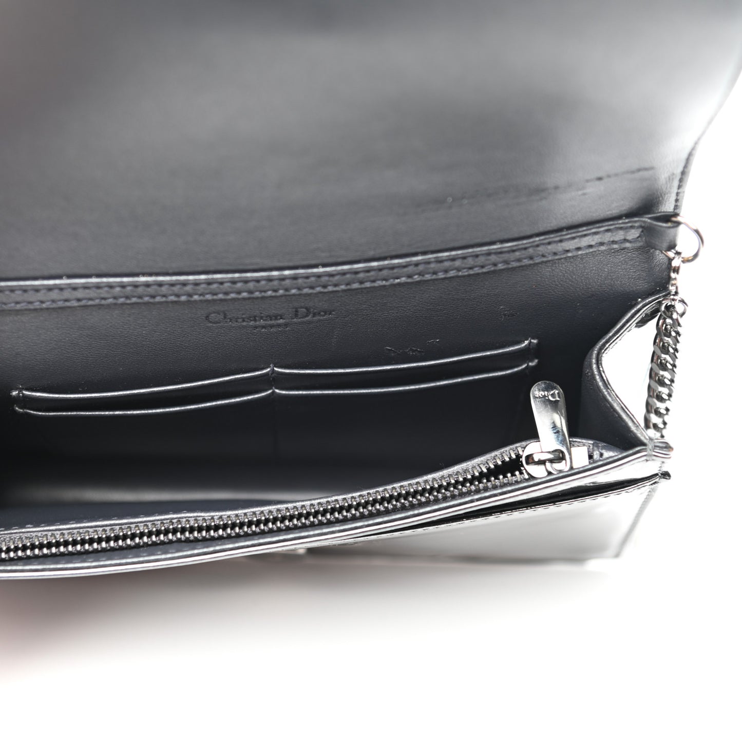 Metallic Patent Micro-Cannage Diorama Wallet on Chain Pouch Onyx Black