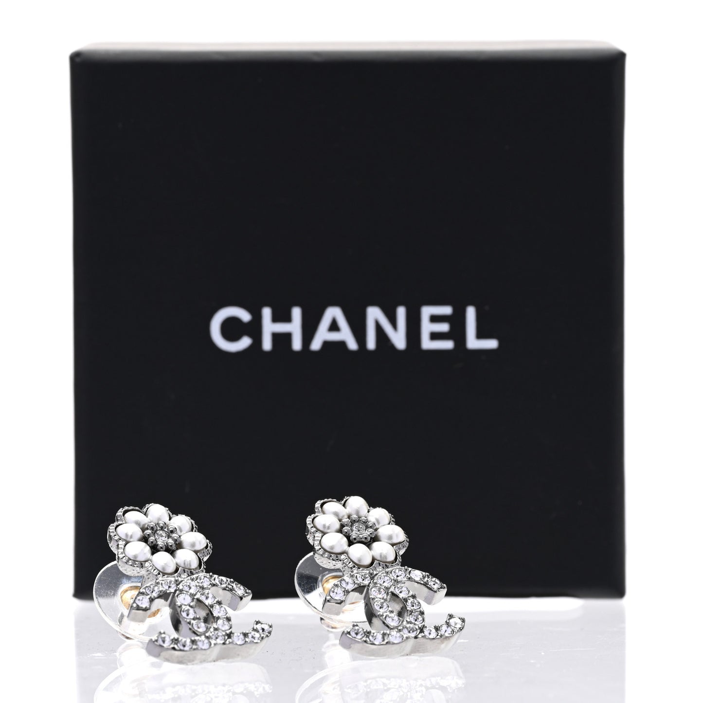 Pearl Crystal CC Flower Earrings Silver