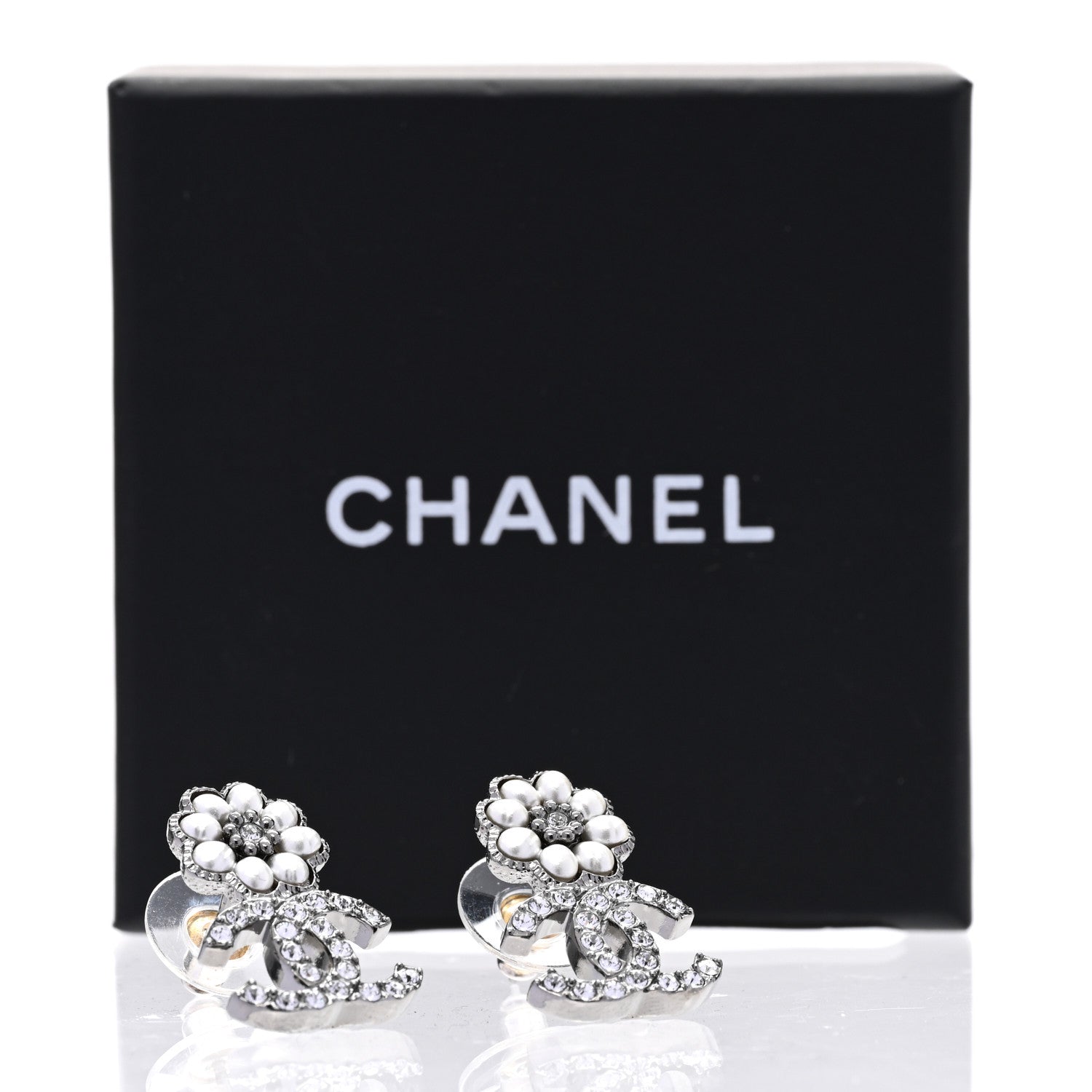 Chanel Pearl Crystal CC Flower Earrings Silver 5 of 5