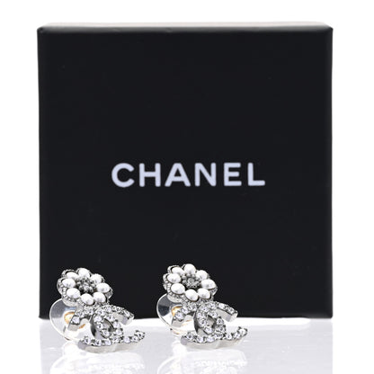 Chanel Pearl Crystal CC Flower Earrings Silver 5 of 5