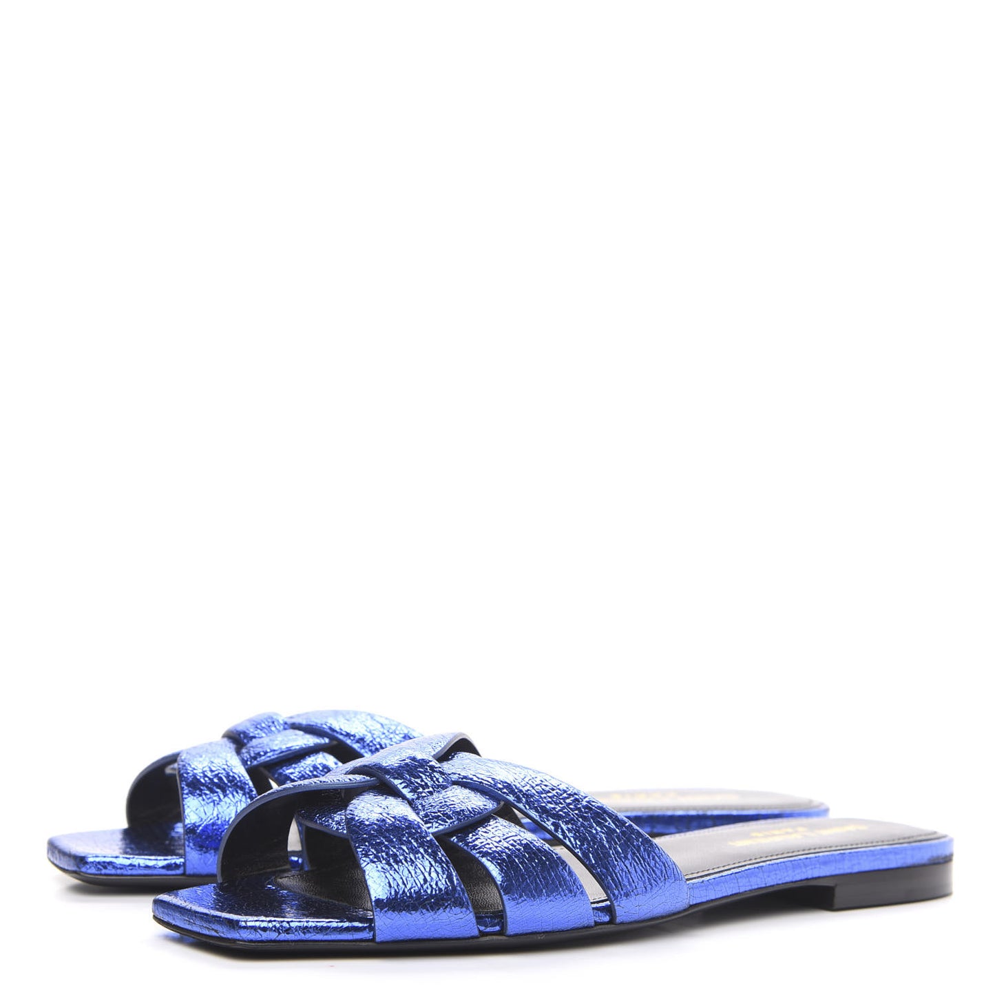 Metallic Crackled Calfskin Nu Pied 05 Slide Sandals 37 Blue