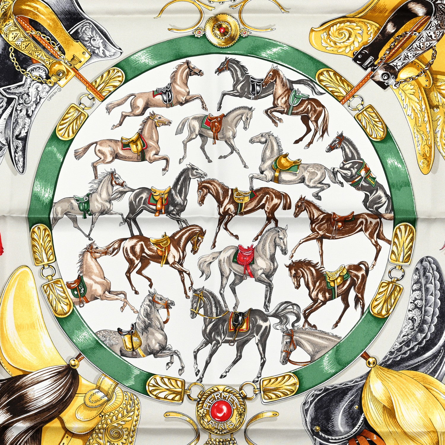 Hermes Silk Cavalcades Scarf 90 White Gris Perle Vert 2 of 6