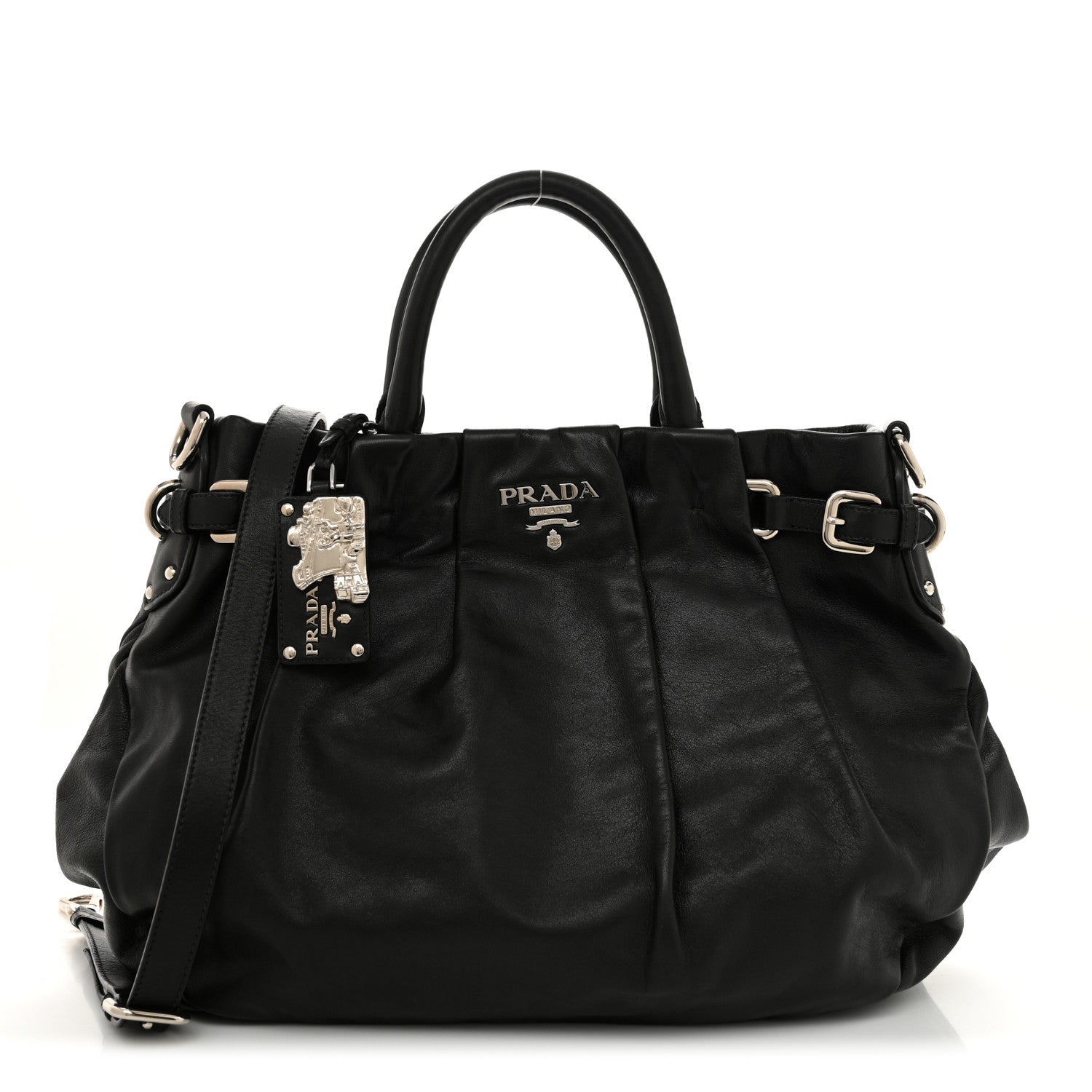 Prada Soft Calfskin Pleated Shoulder Bag Black 1 of 10