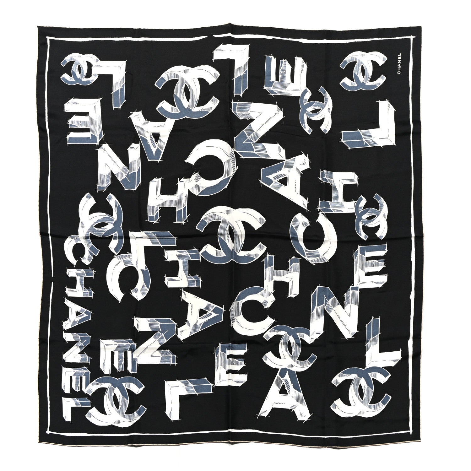 Chanel Silk Scarf CC Logo Black Blue White 1 of 3