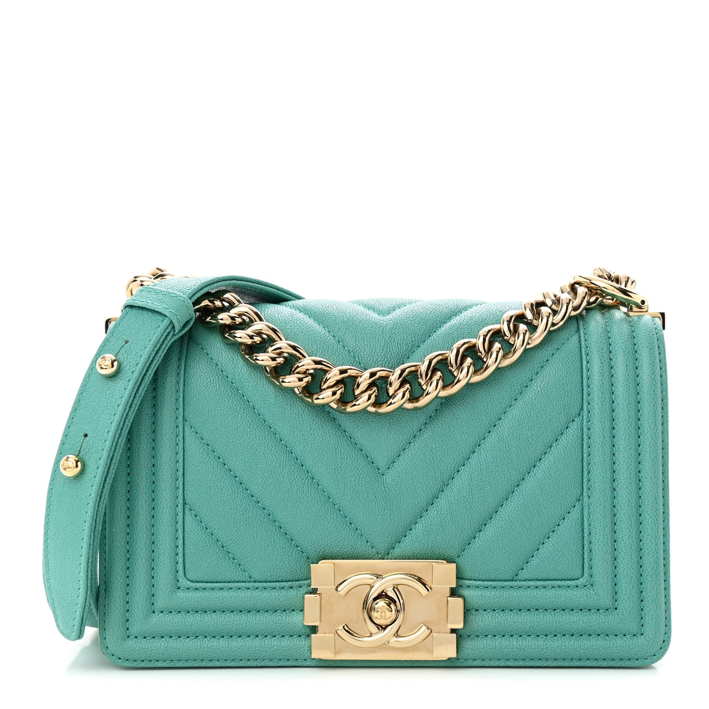 Caviar Chevron Quilted Small Boy Flap Green