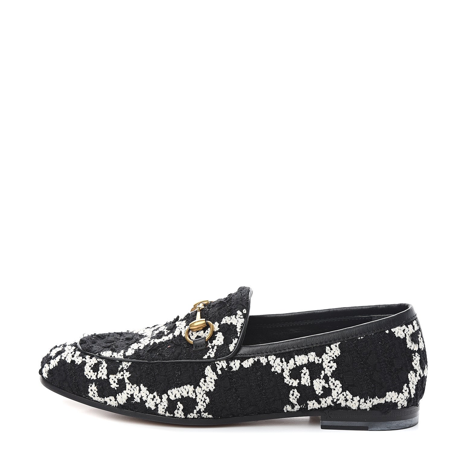 Gucci Tweed GG Monogram Horsebit Womens Jordaan Loafers 35 Black Natural 1 of 9