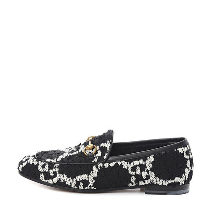 Gucci Tweed GG Monogram Horsebit Womens Jordaan Loafers 35 Black Natural 1 of 9
