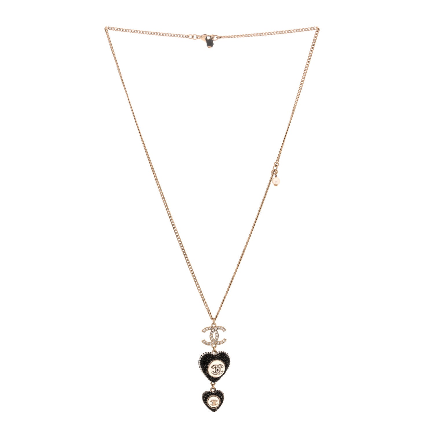 Chanel Crystal CC Heart Necklace Black Pearly White Gold 1 of 5