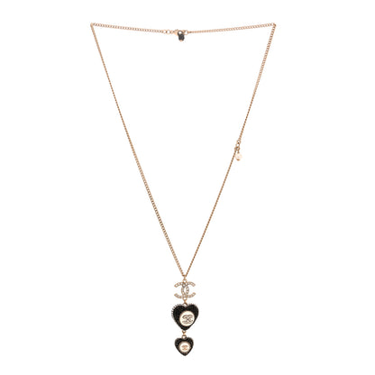 Chanel Crystal CC Heart Necklace Black Pearly White Gold 1 of 5
