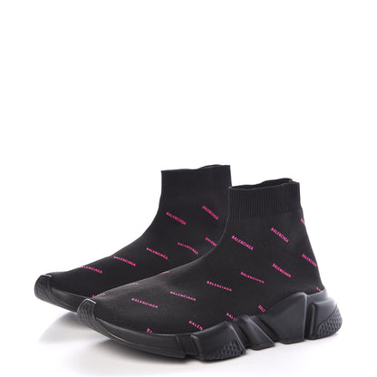 Balenciaga Neoprene Knit Allover Logo Womens Speed Sneakers 39 Black Fuchsia 3 of 7
