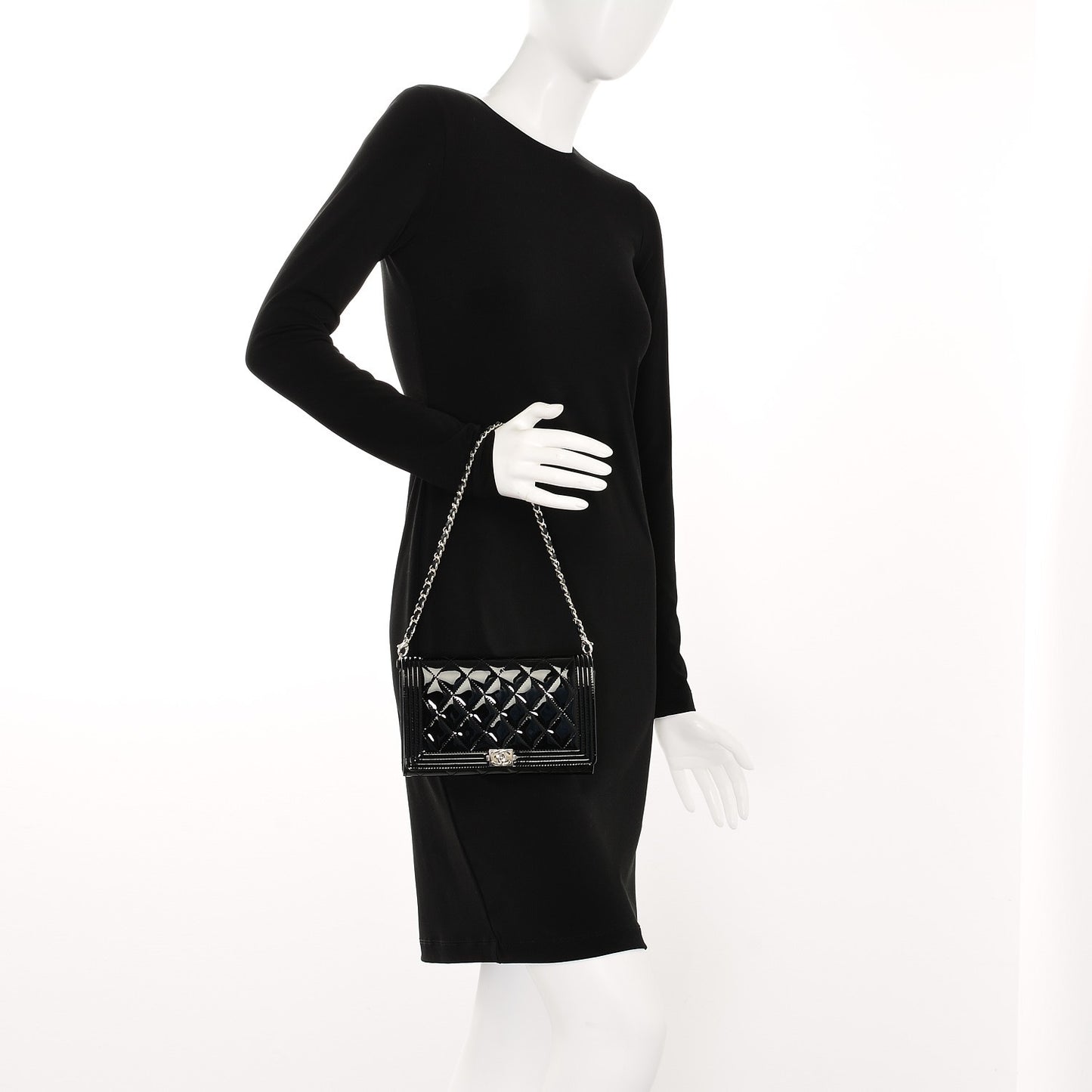 Patent Calfskin Quilted Boy Wallet on Removable Chain Black