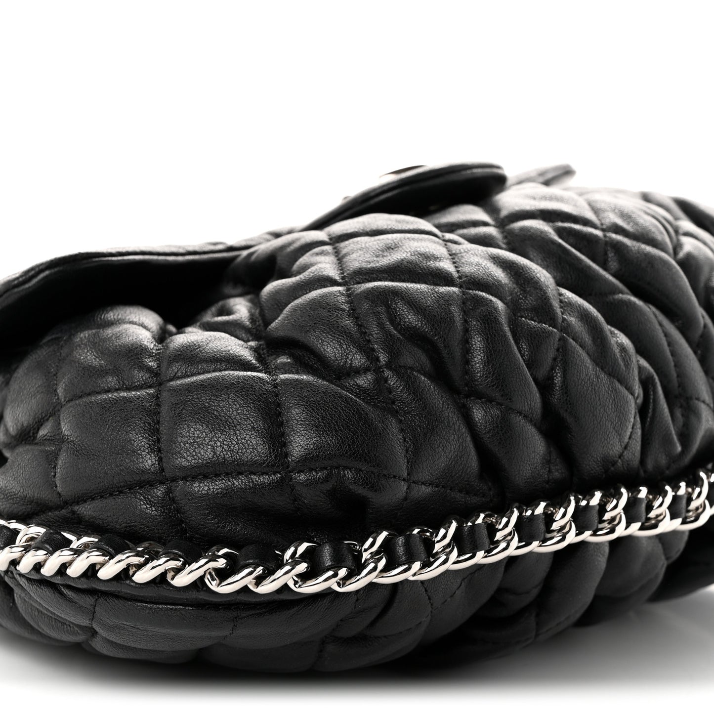 Washed Lambskin Quilted Large Chain Around Flap Black