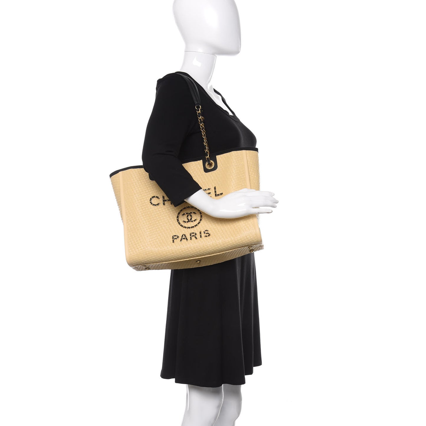 Straw Raffia Calfskin Chain Small Deauville Tote Beige Black