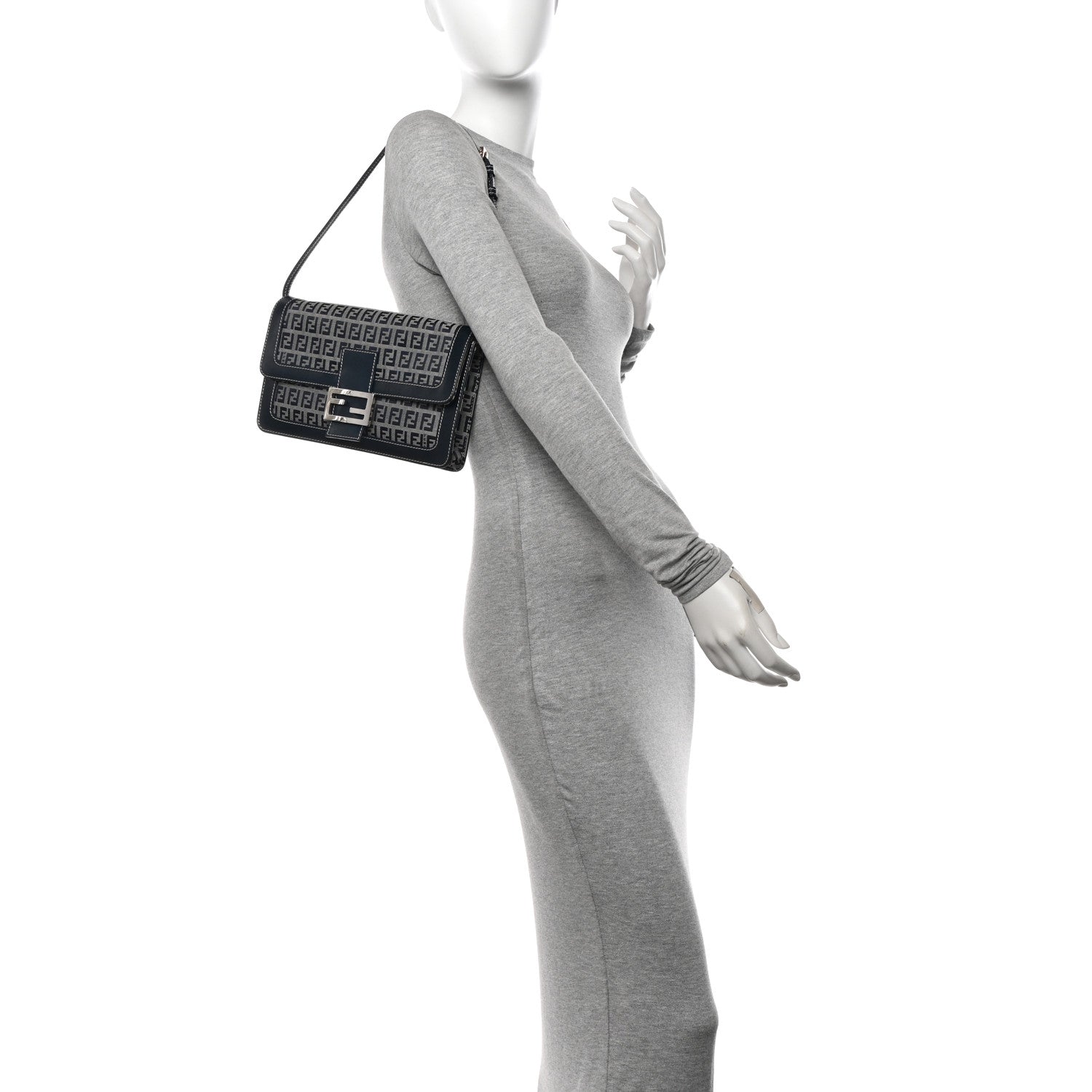 Fendi Zucchino Baguette Shoulder Bag Navy 2 of 11