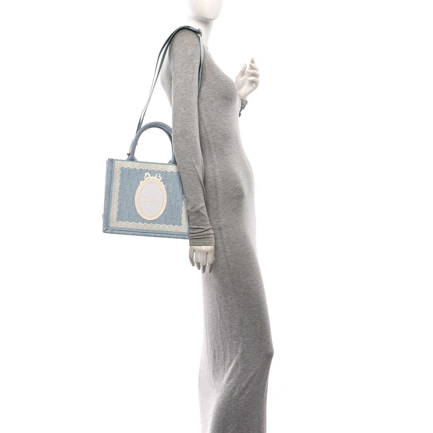 Oblique Embroidered Lace Dior Medallion Small Book Tote With Strap Celestial Blue White