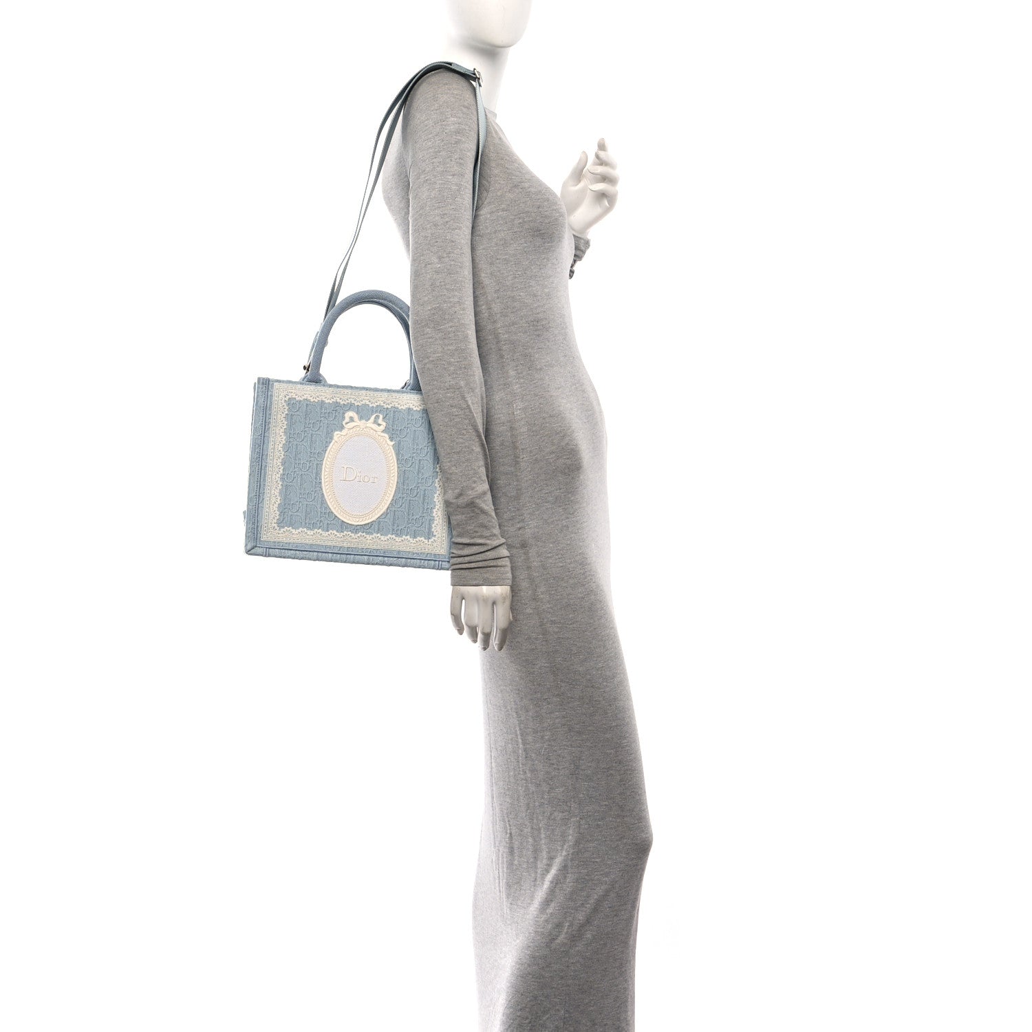 Christian Dior Oblique Embroidered Lace Dior Medallion Small Book Tote With Strap Celestial Blue White 2 of 10