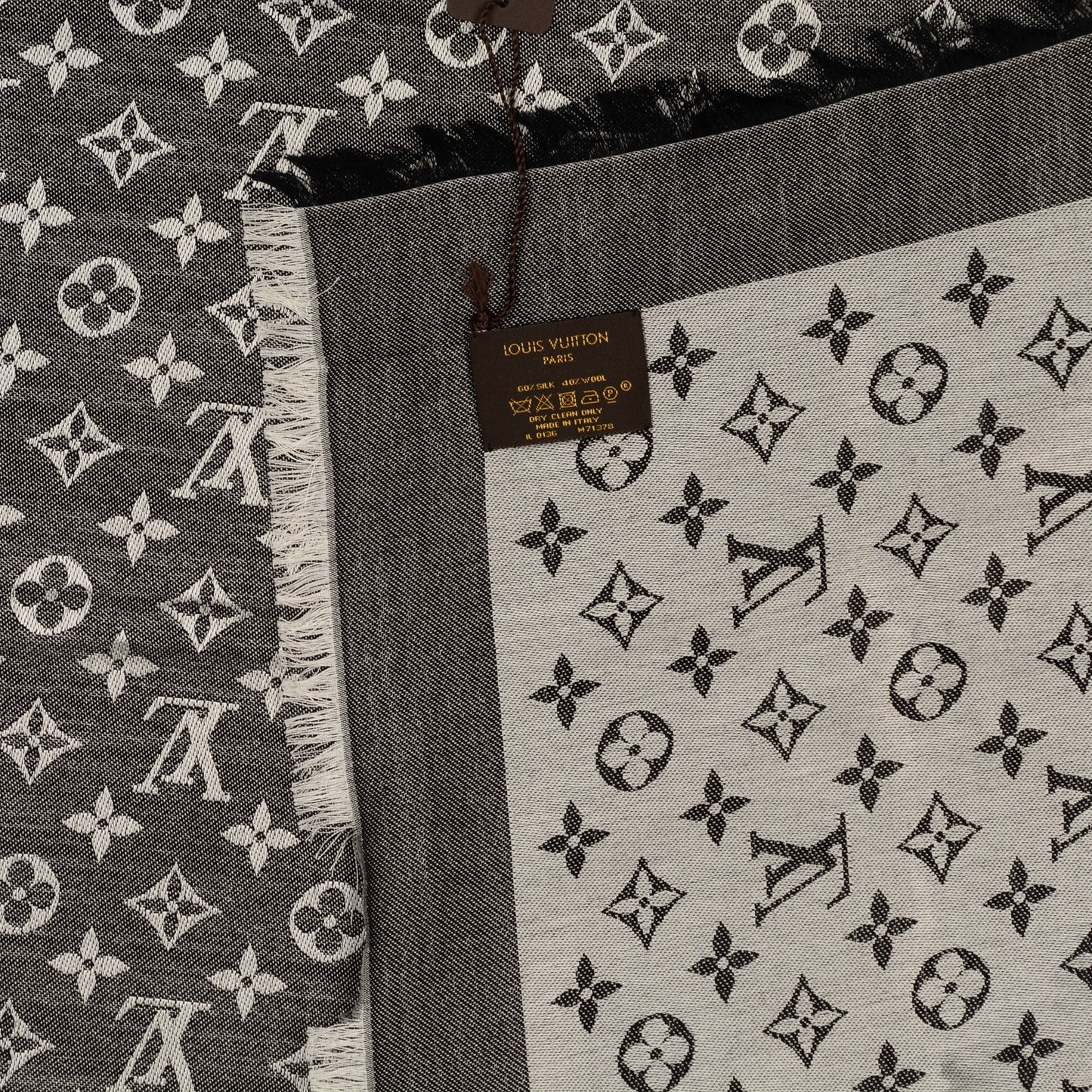 Wool Silk Monogram Denim Shawl Black