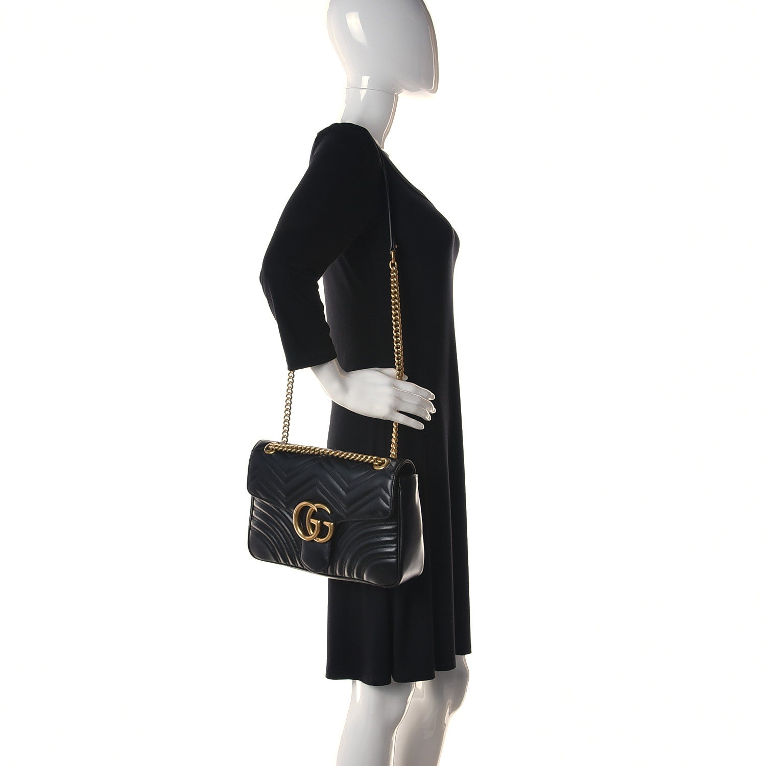 Gucci Calfskin Matelasse Medium GG Marmont Shoulder Bag Black 2 of 11