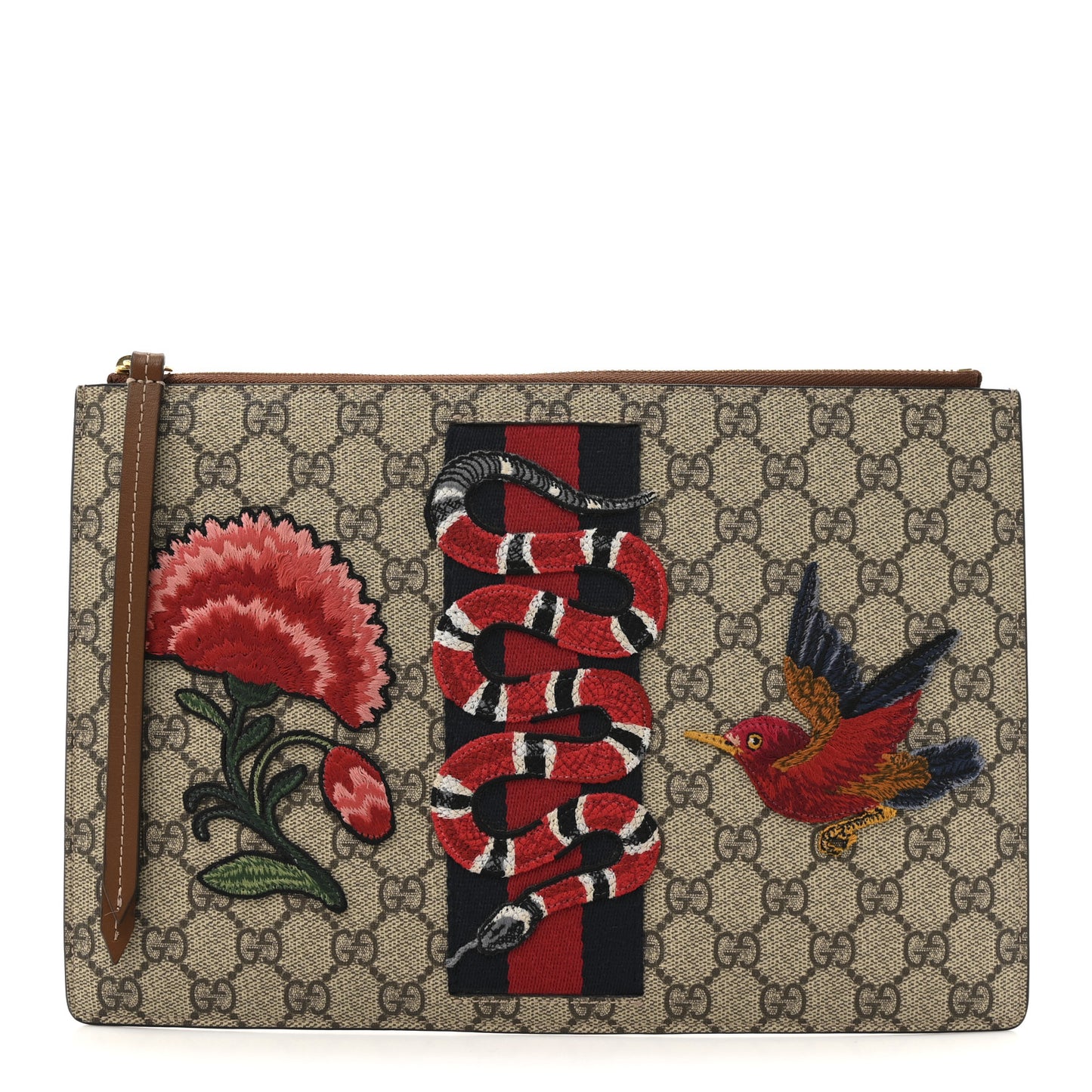 GG Supreme Monogram Web Kingsnake Embroidered Large Zip Pouch Brown