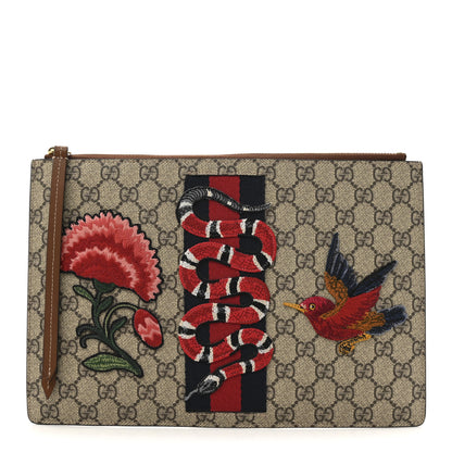 Gucci GG Supreme Monogram Web Kingsnake Embroidered Large Zip Pouch Brown 1 of 9