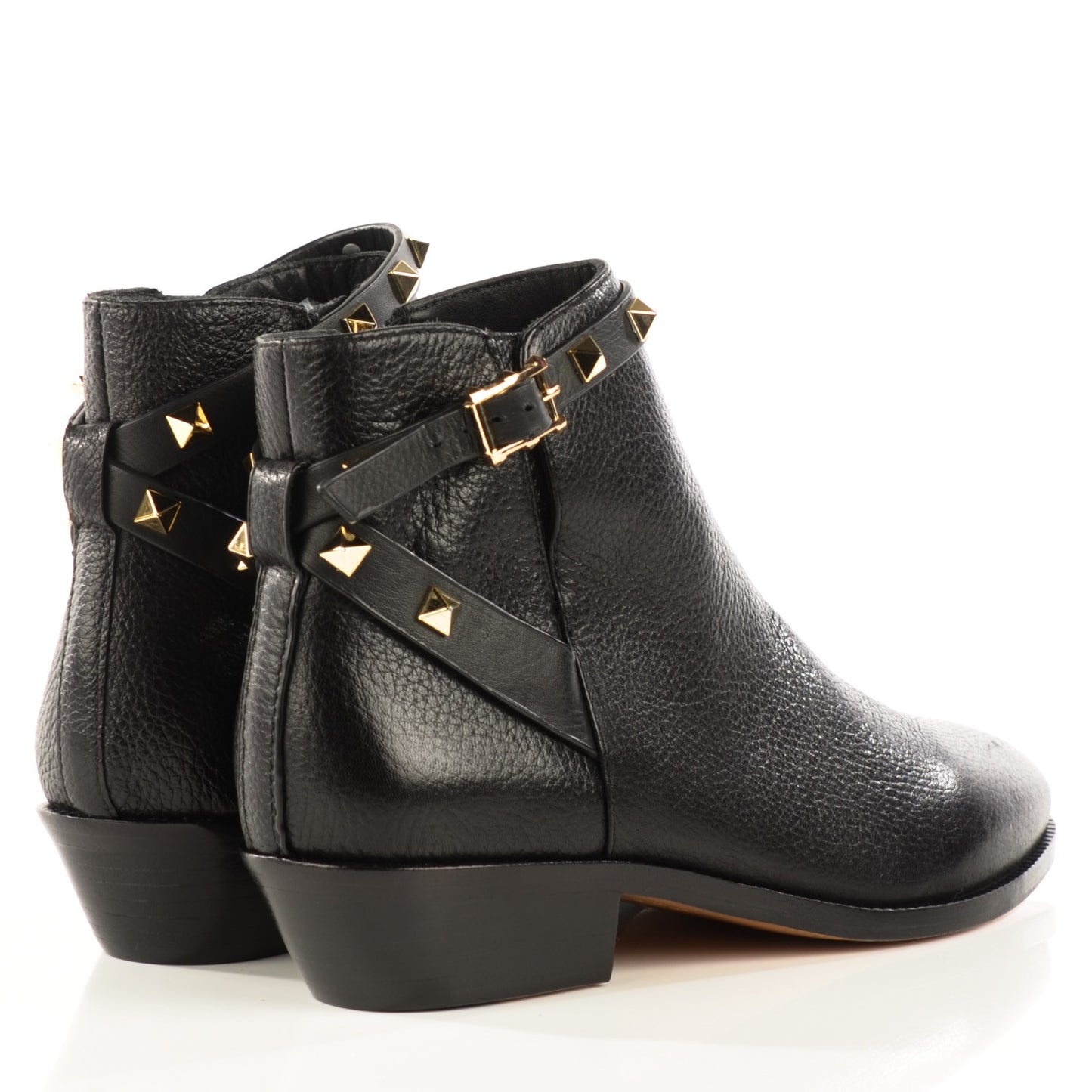 Grained Calfskin Rockstud Single Buckle 35mm Cowboy Ankle Boots 37 Black